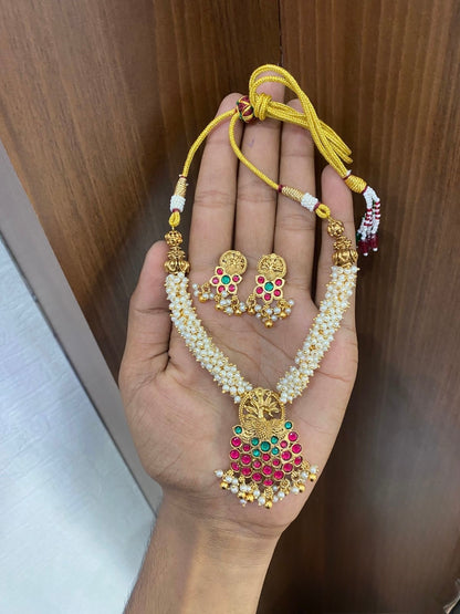 Gold-Polish Peacock Pendant Ghungroo Necklace 1576