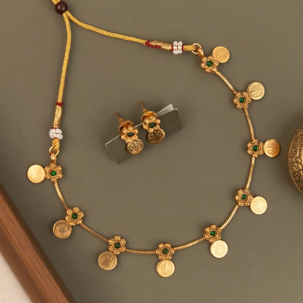Gold-Toned Floral Traditional Lakshmi  Kaasu  Necklace 1805