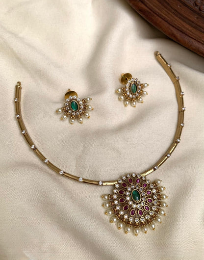 Gold Polish Floral AD Necklace 1217