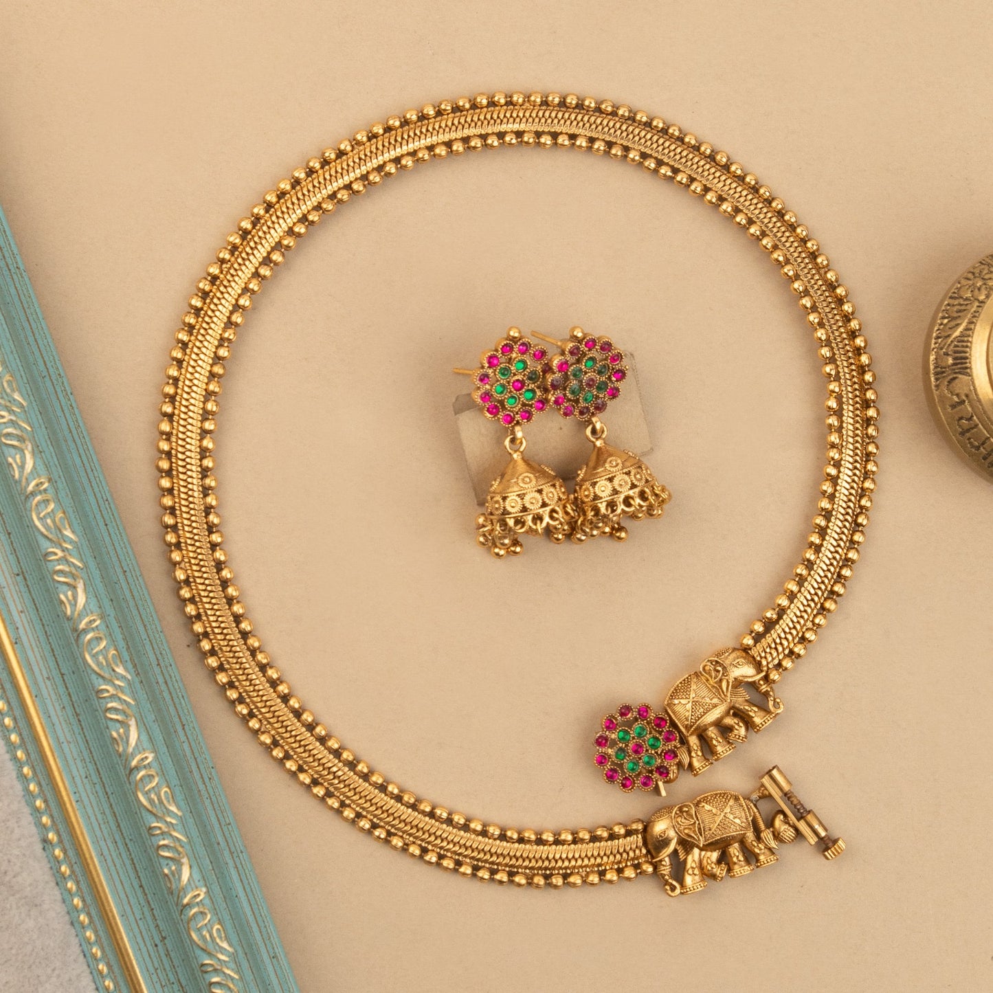 Gold-Toned Floral Traditional Elephant Choker Necklace 1802