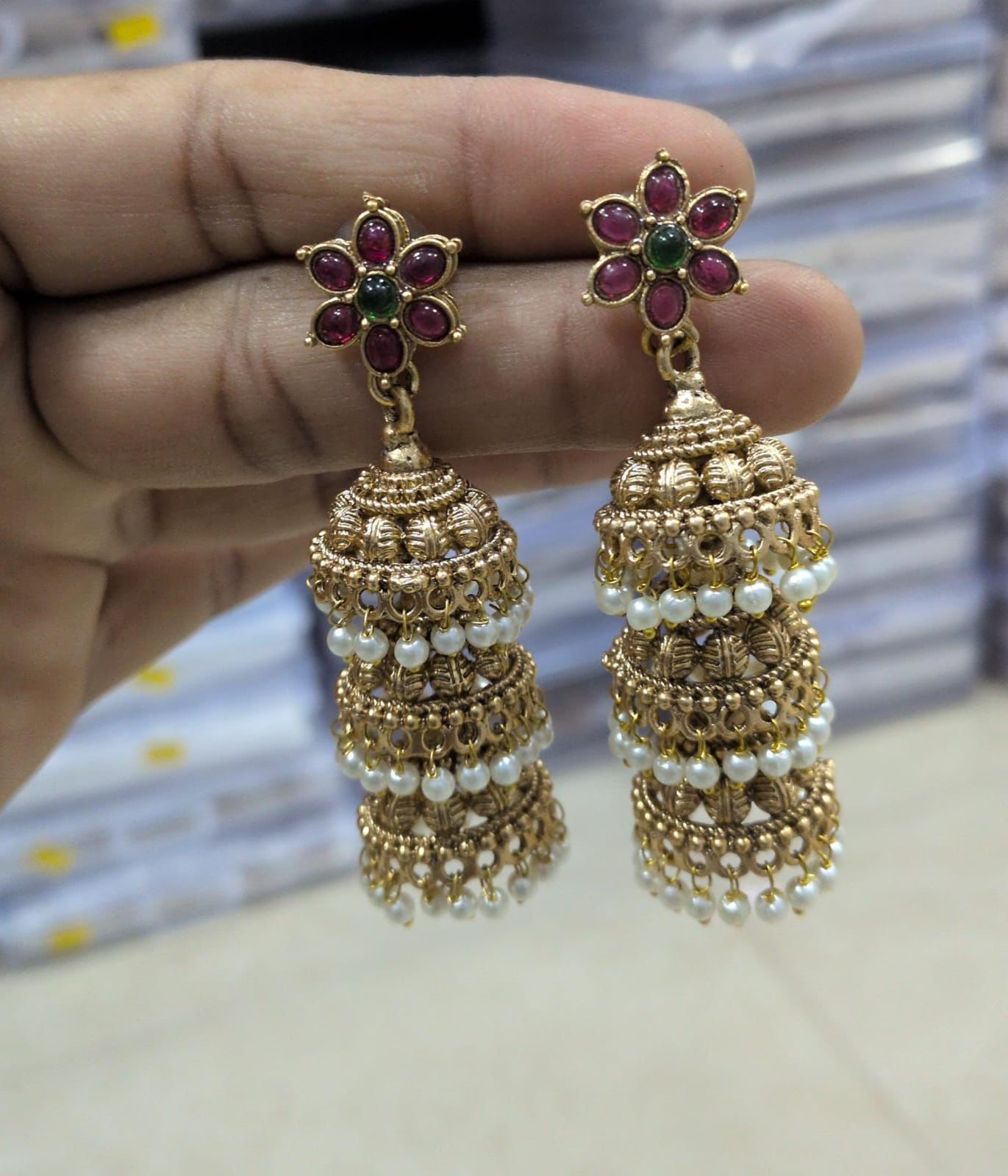 Gold-Toned Three-Layer Floral Jhumka Earrings ER 899