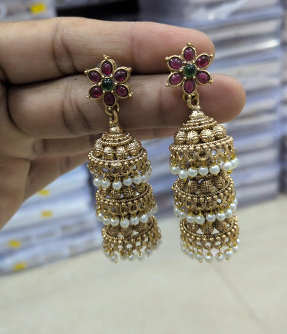 Gold-Toned Three-Layer Floral Jhumka Earrings ER 899