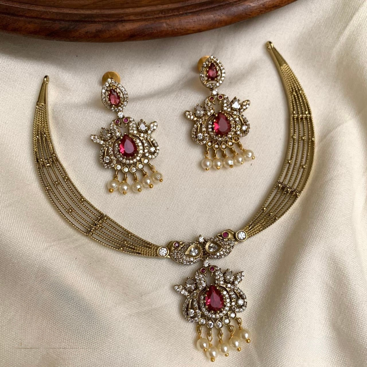 Gold-Toned Peacock  Motif AD Necklace 1386