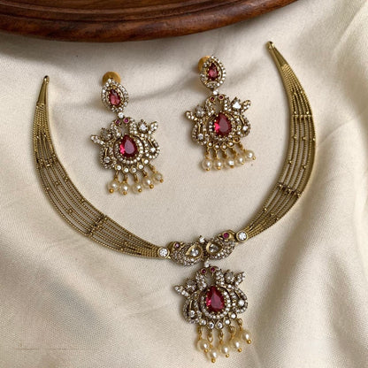 Gold-Toned Peacock  Motif AD Necklace 1386