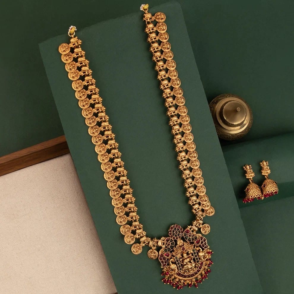 Gold-Toned Traditional Lakshmi Kaasu Long Necklace 1873