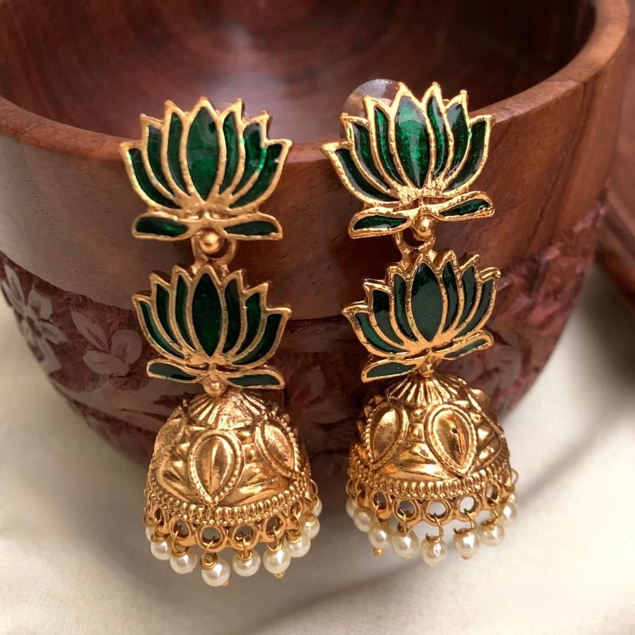 Gold Toned Lotus Hand-made Two Layer Jhumka Earrings ER 749