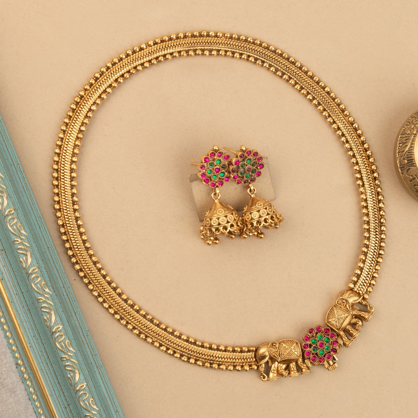 Gold-Toned Floral Traditional Elephant Choker Necklace 1802