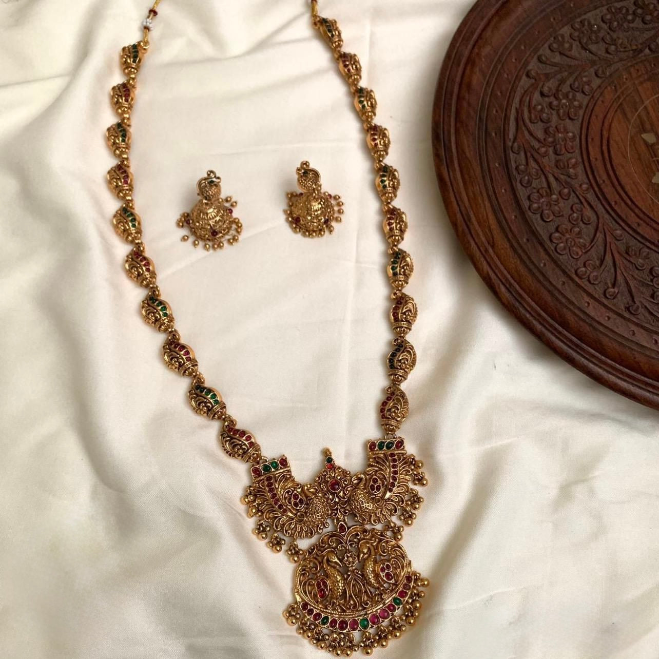 Gold-Toned Floral Peacock Motif Long Necklace 1371