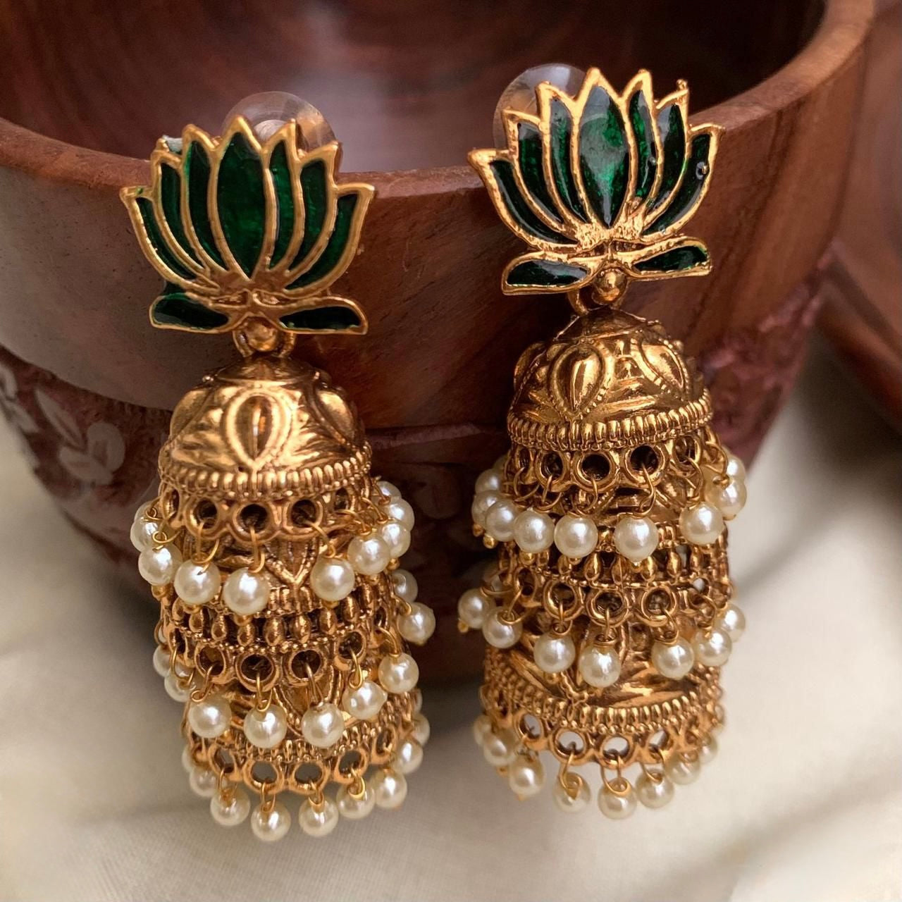 Gold-Toned Lotus Hand Made Three Layer Jhumka Earrings ER 748
