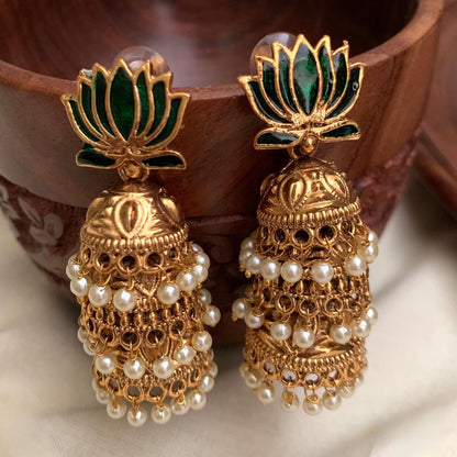 Gold-Toned Lotus Hand Made Three Layer Jhumka Earrings ER 748
