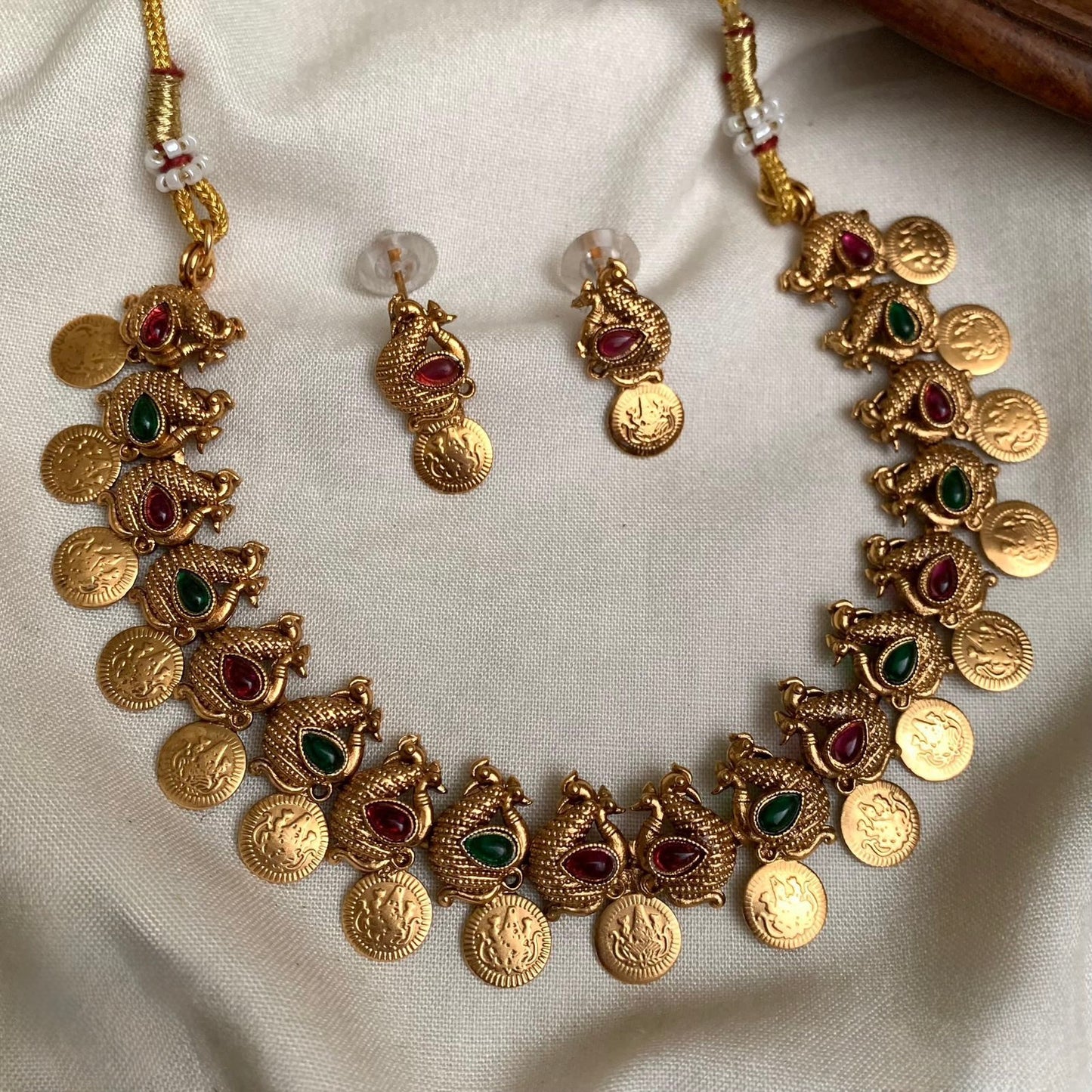 Gold-Toned Kaasu Designed Lakshmi Peacock Necklace 1424