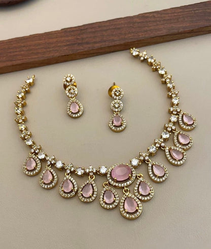 Mehendi Polish Stone-Studded Dew-Drop AD Necklace 144