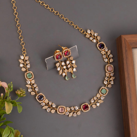 Gold-Toned Leaf Designed AD Stone Necklace 1449
