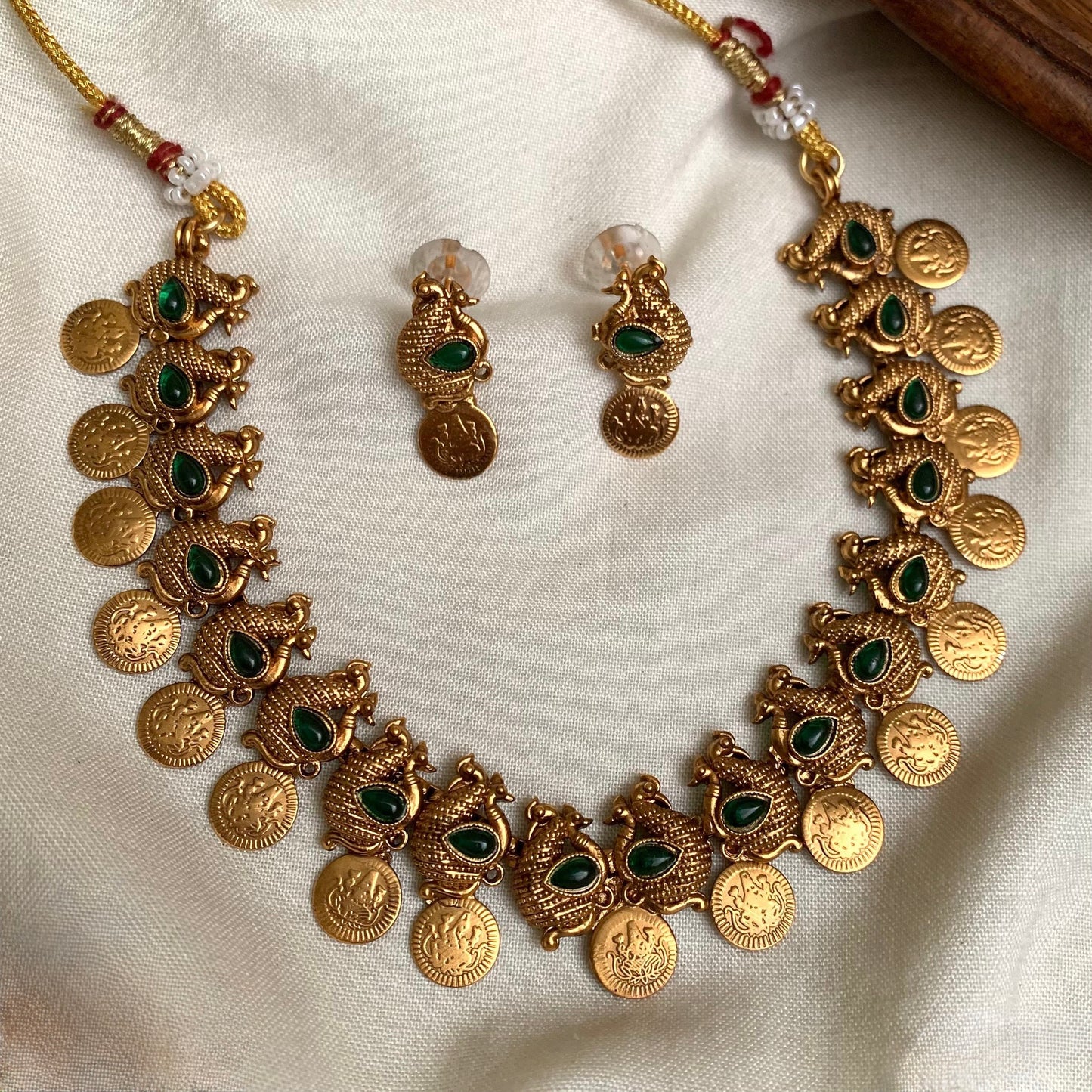 Gold-Toned Kaasu Designed Lakshmi Peacock Necklace 1424