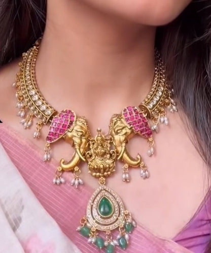 Gold-Toned Lakshmi X Elephant Motif Pearl Hanging Necklace 1593