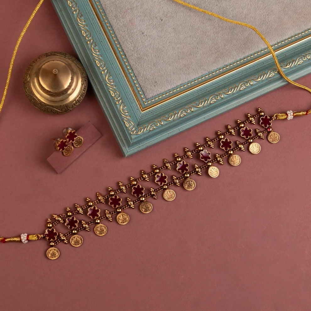 Gold-Toned Floral Lakshmi Kaasu Choker Necklace 1154