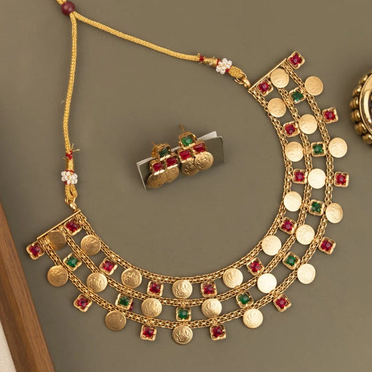 Gold-Toned Traditional Lakshmi Kaasu Two-Layer   Necklace 1786