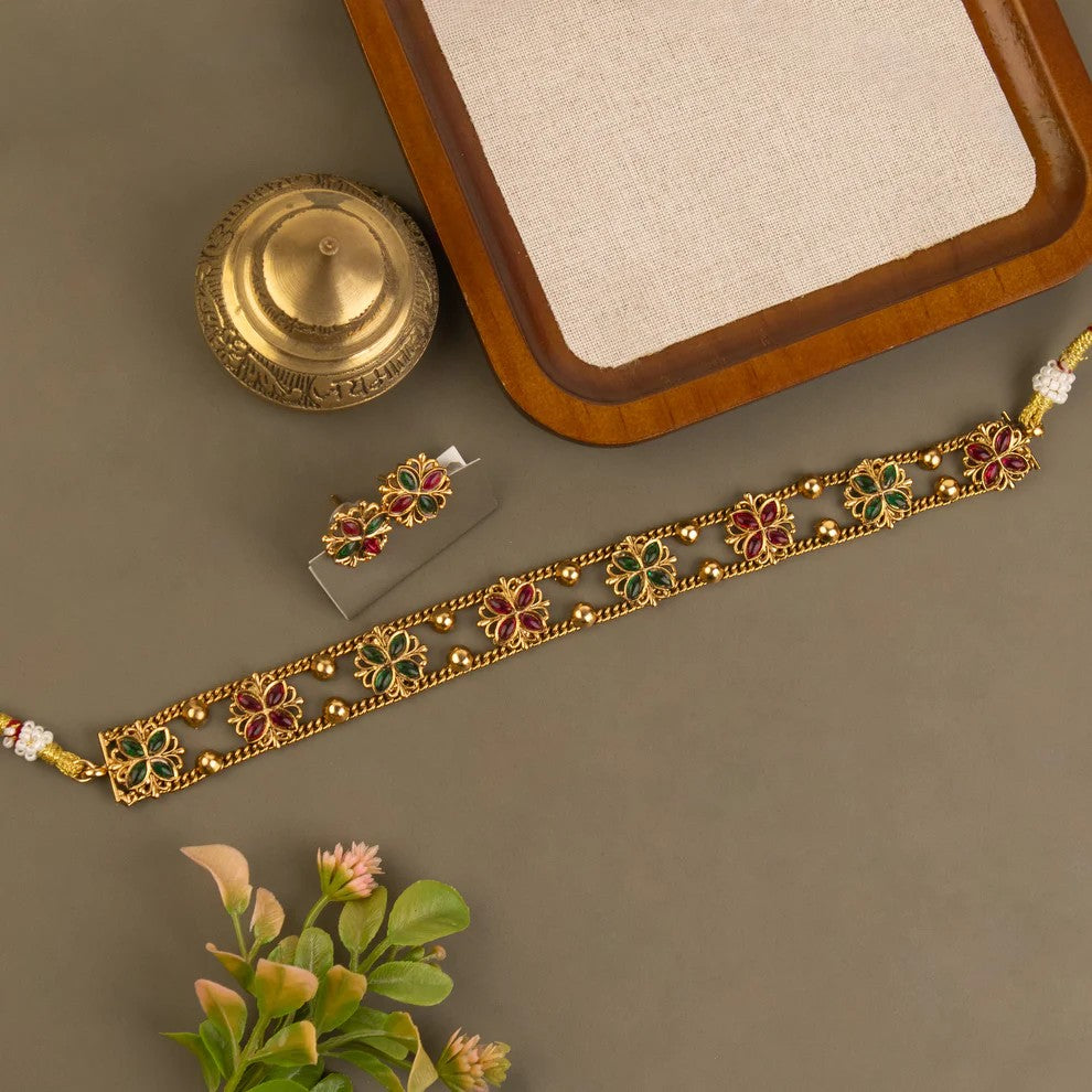 Gold-Toned Floral Two-Layer Choker Necklace 1400