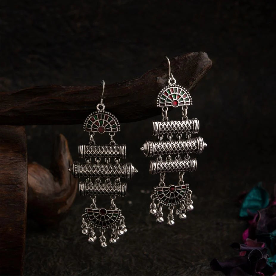 Silver Plated Geometric Shaped Dual Colored Enamel Artwork With Beads Fashion Antique Earring ER 72