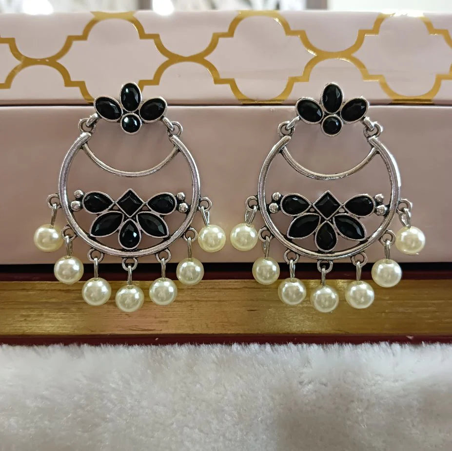 Silver Plated Geometric Shaped With Stone Studded Dangling Pearl Fashion Antique Earring ER 74