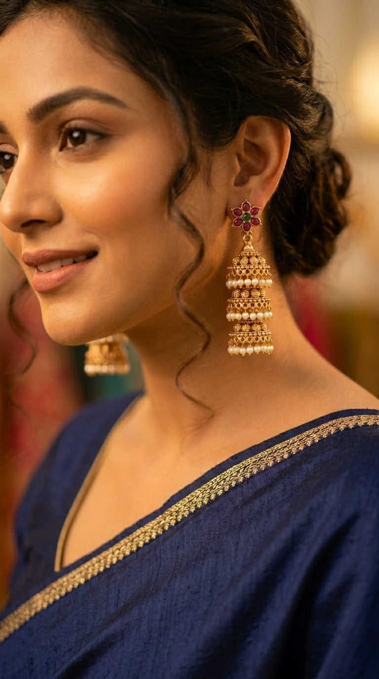 Gold-Toned Three-Layer Floral Jhumka Earrings ER 899