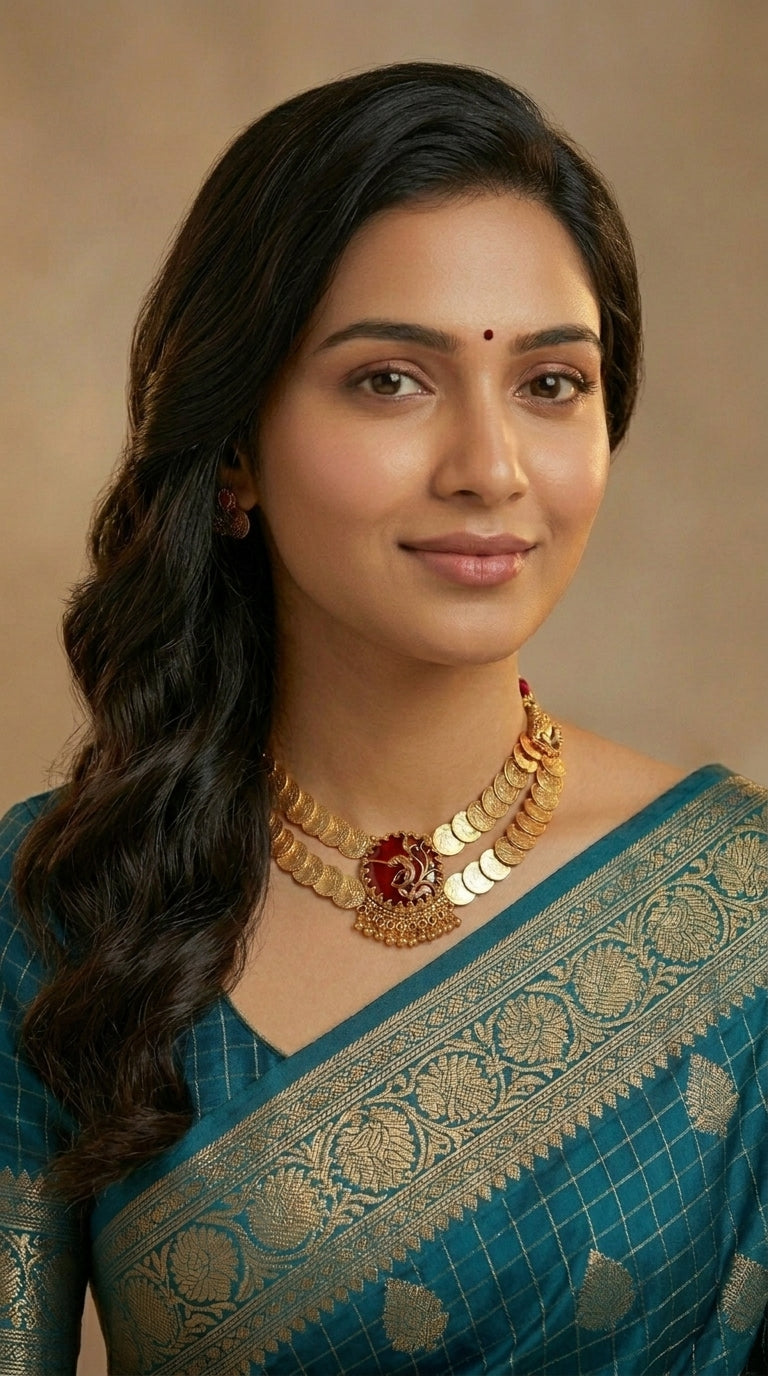 Gold-Toned Floral Pendant Kaasu Lakshmi Choker Necklace 965