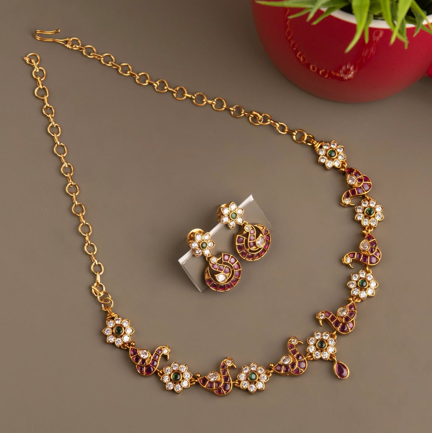 Gold-Toned Peacock X Floral Stone  Necklace 1208