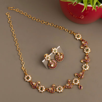 Gold-Toned Peacock X Floral Stone  Necklace 1208