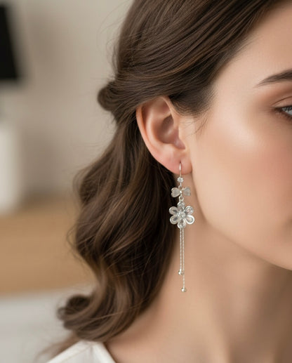 Rhodium Polish Floral Tassel Earrings ER 843