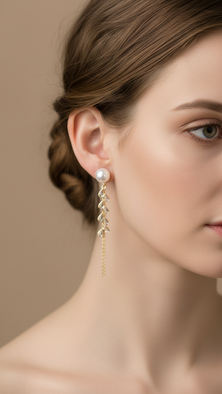 Gold-Polish Korean Studded Bead Tassel Earrings ER 834