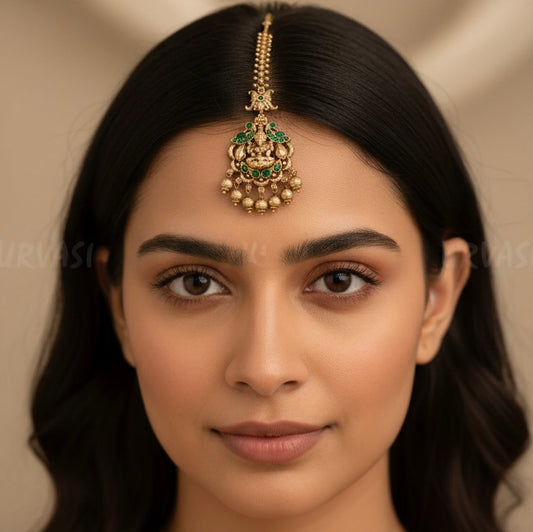Gold-Toned Lakshmi Peacock Motif  Green Stone Chutty CH 32