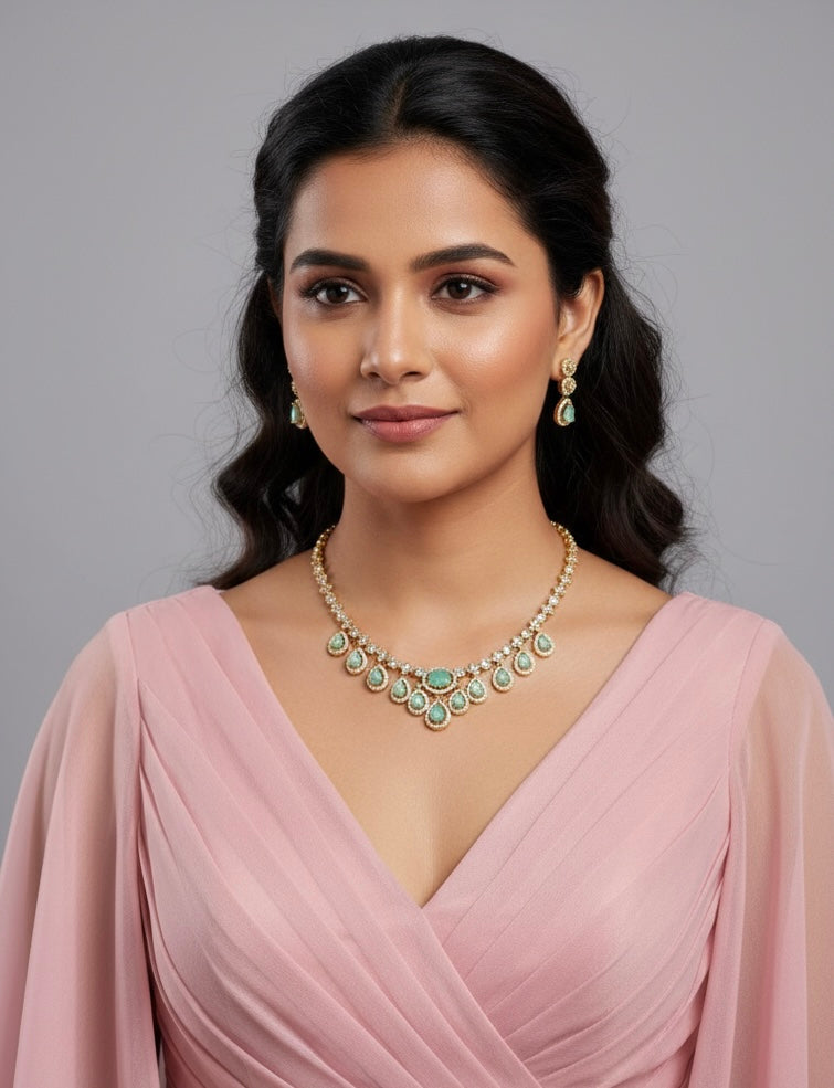 Gold-Polish Tear-Drop Floral AD Necklace 1311