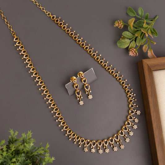 Gold-Toned Floral AD Long Necklace 1356