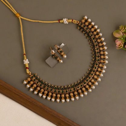Gold-Toned Floral Pearl-Designed Tear-Drop Necklace 1359