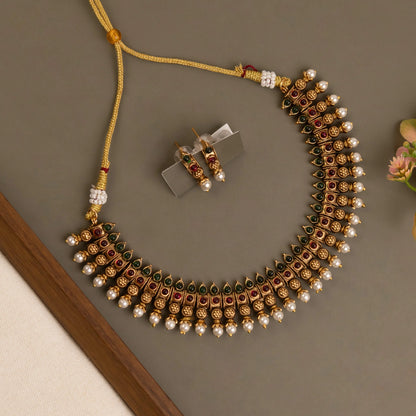 Gold-Toned Floral Pearl-Designed Tear-Drop Necklace 1359