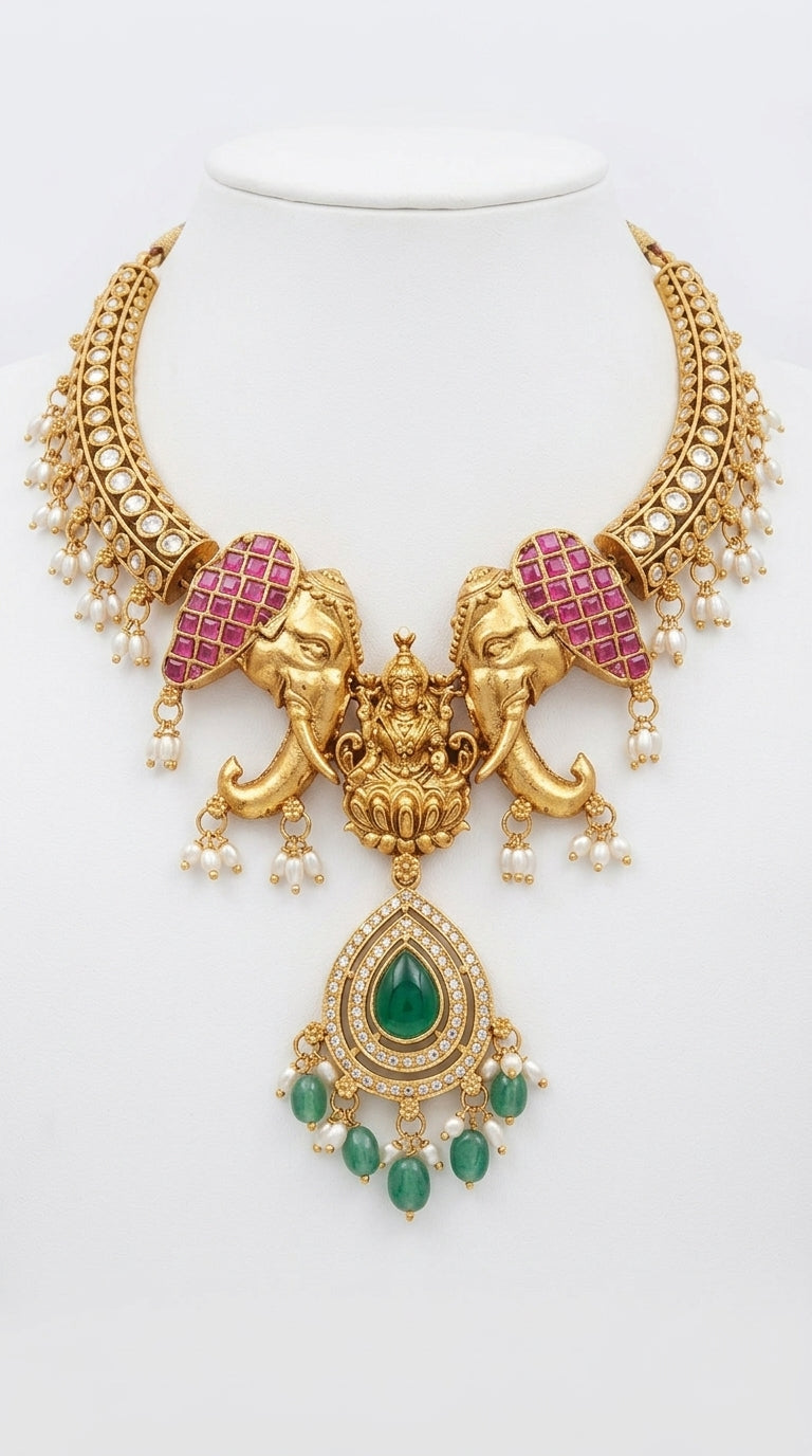Gold-Toned Lakshmi X Elephant Motif Pearl Hanging Necklace 1593