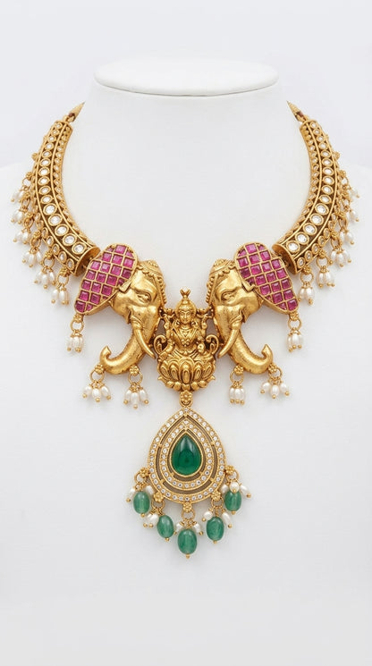 Gold-Toned Lakshmi X Elephant Motif Pearl Hanging Necklace 1593