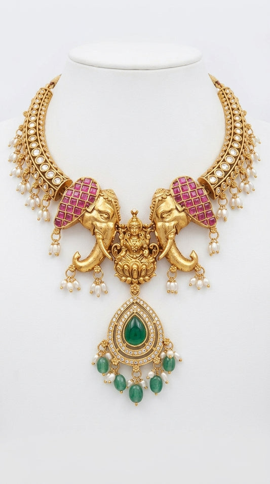 Gold-Toned Lakshmi X Elephant Motif Pearl Hanging Necklace 1593