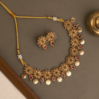 Gold-Toned Floral Kaasu Palakka Mix Necklace 1365