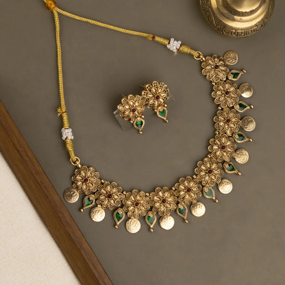 Gold-Toned Floral Kaasu Palakka Mix Necklace 1365