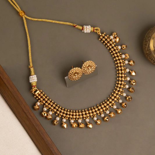 Gold-Toned Bell Charms Pearl Necklace 1366