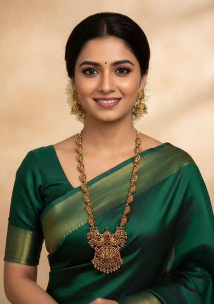 Gold-Toned Floral Peacock Motif Long Necklace 1371