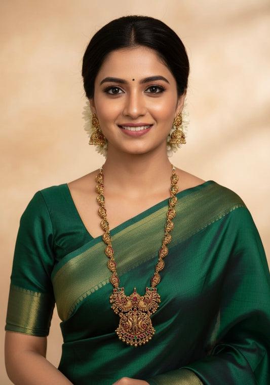 Gold-Toned Floral Peacock Motif Long Necklace 1371