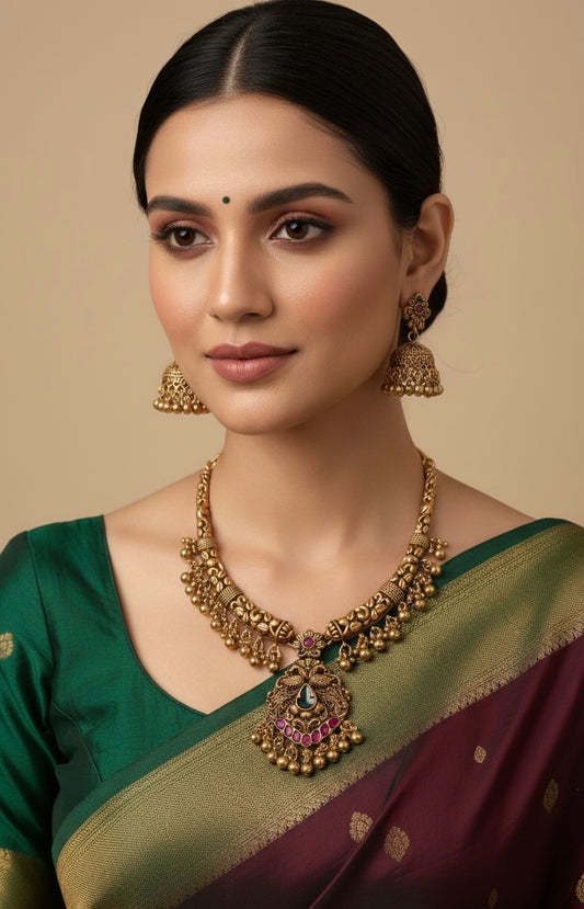 Gold-Toned Floral Peacock Motif Necklace 1374