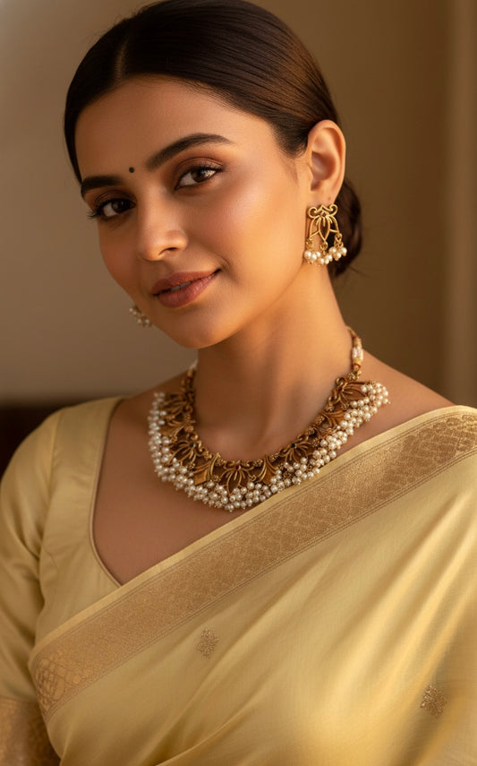 Gold-Toned Lotus pearl Choker Necklace 1380