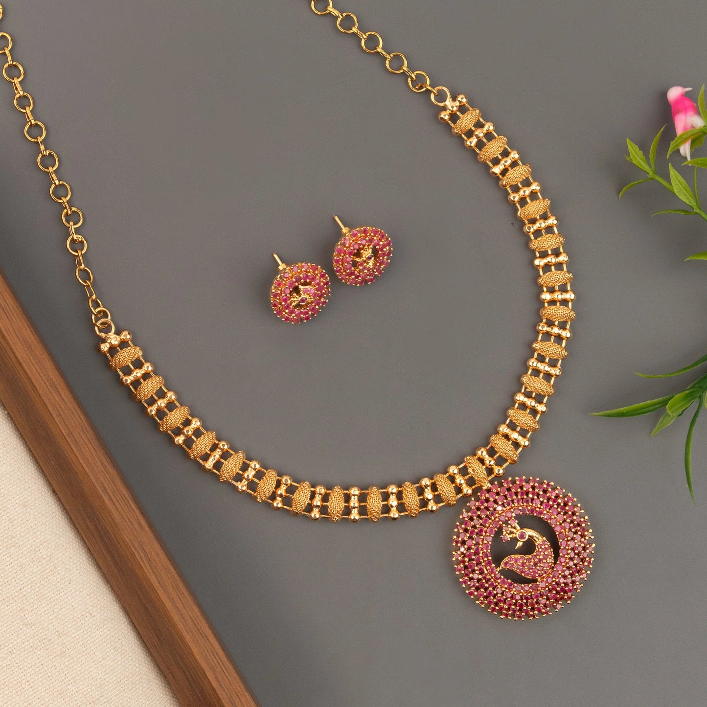 Gold-Toned Traditional Peacock Pendent Necklace 1803
