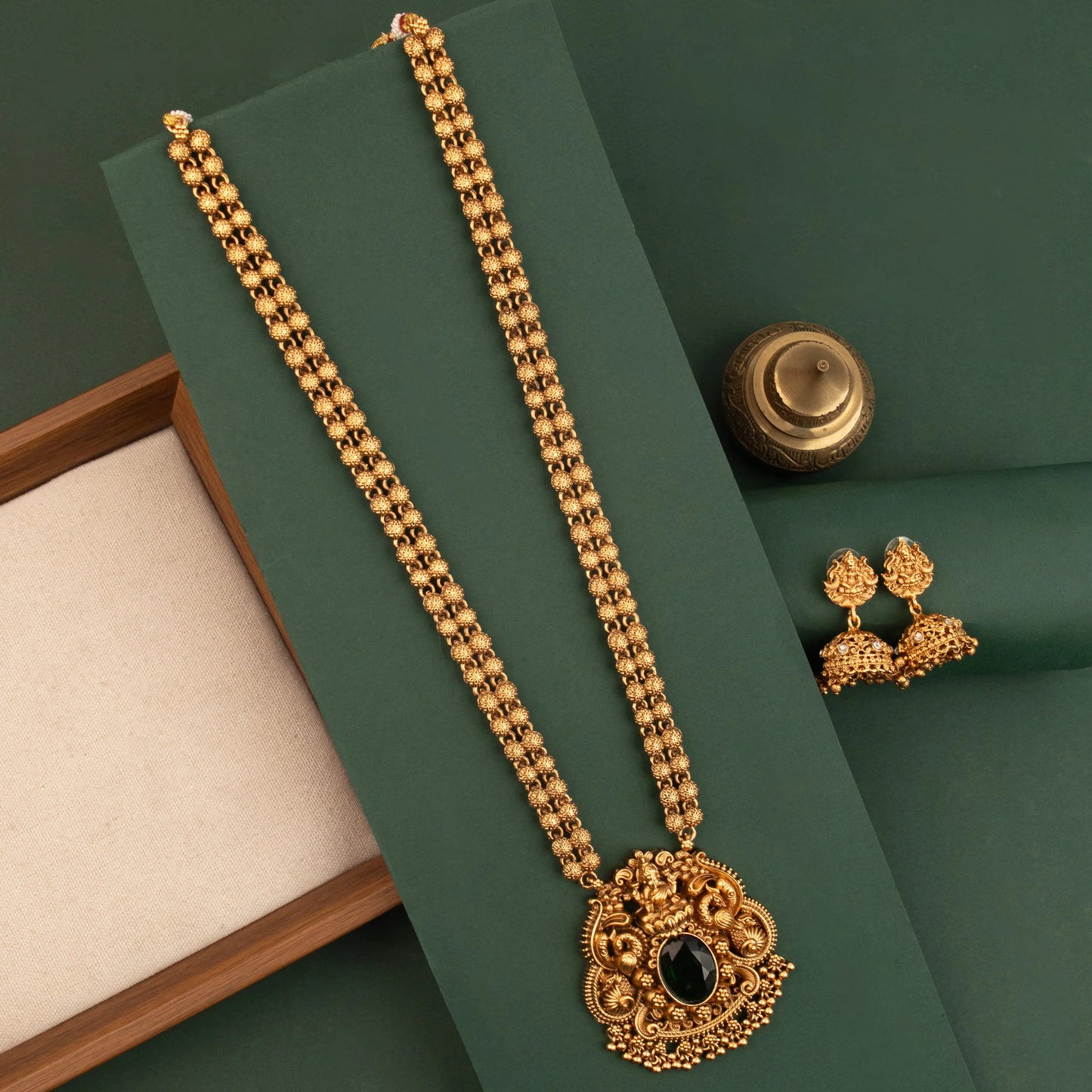 Gold-Toned Traditional Lakshmi Peacock Pendant Long Necklace 1824