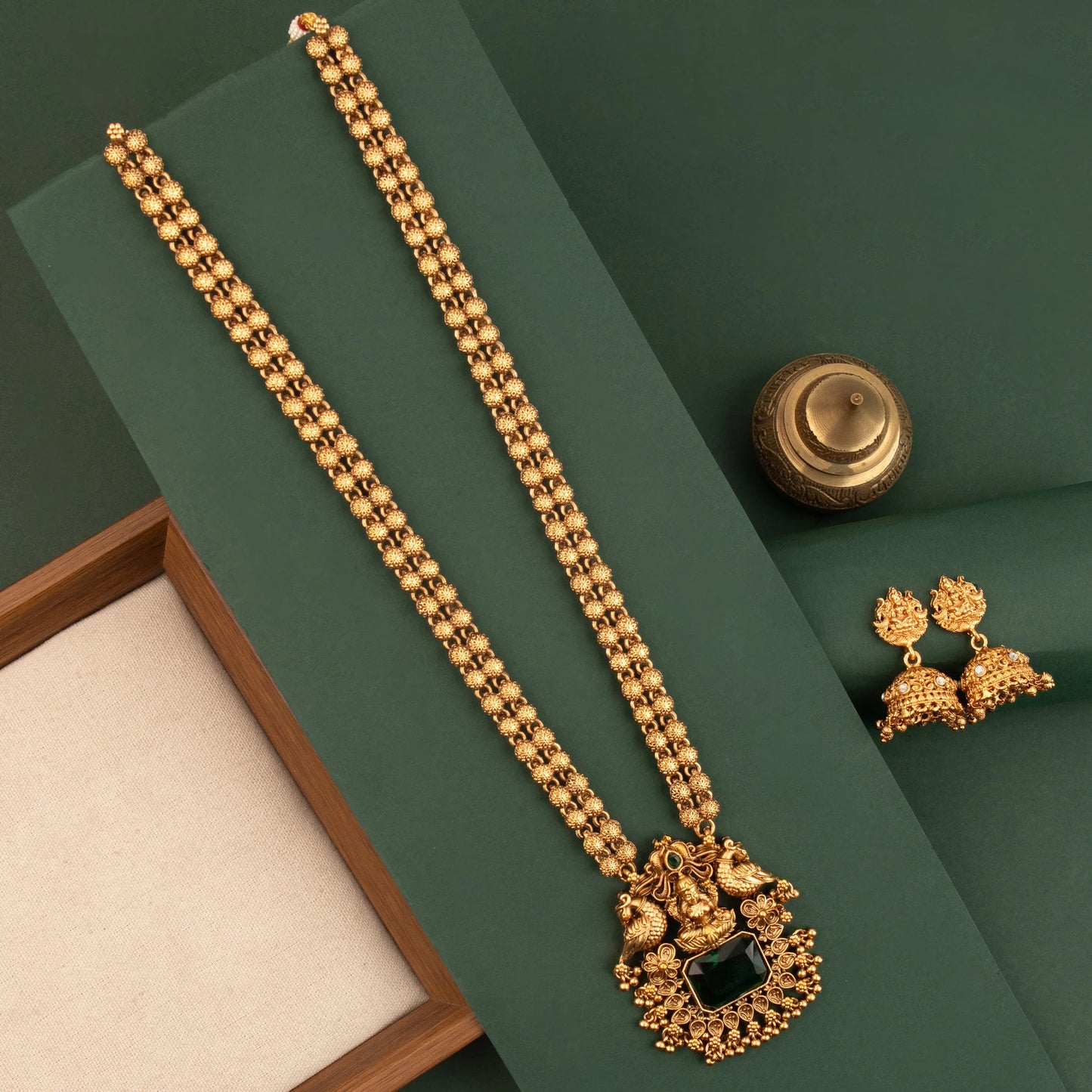 Gold-Toned Traditional  Lakshmi Peacock Pendent Long Necklace 1822