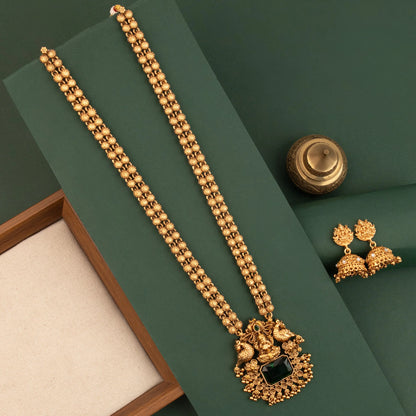 Gold-Toned Traditional  Lakshmi Peacock Pendent Long Necklace 1822