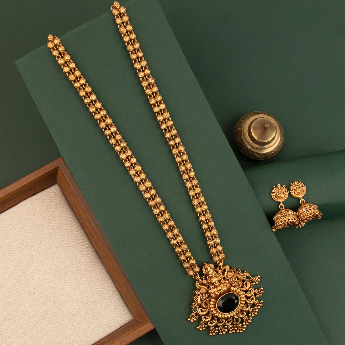 Gold-Toned Traditional Lakshmi Peacock Pendant Long Necklace 1823